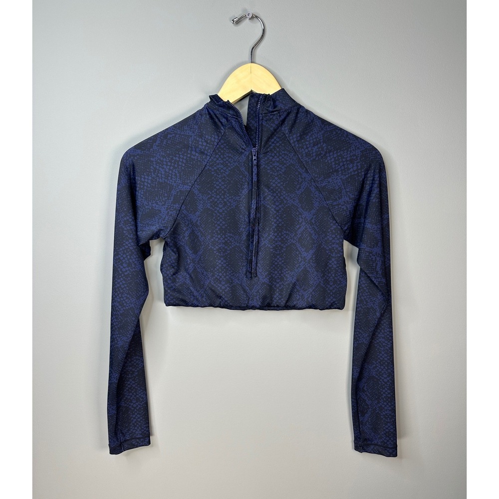 Athleta Snakeskin Crop Top Womens S Blue Long Sleeve Zip Mock Neck
